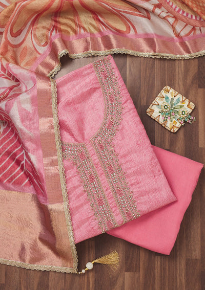 Baby Pink Zariwork Art Silk Unstitched Salwar Suit-Koskii