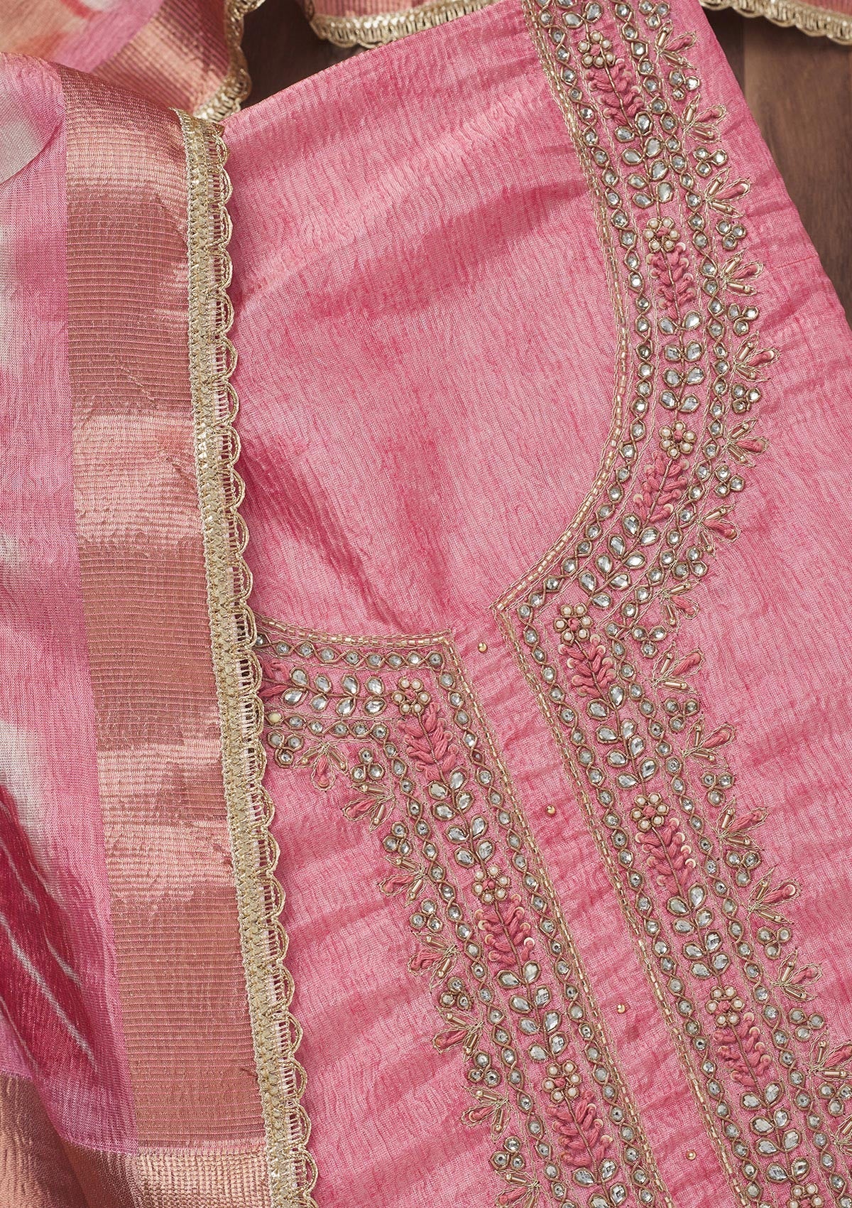 Baby Pink Zariwork Art Silk Unstitched Salwar Suit-Koskii