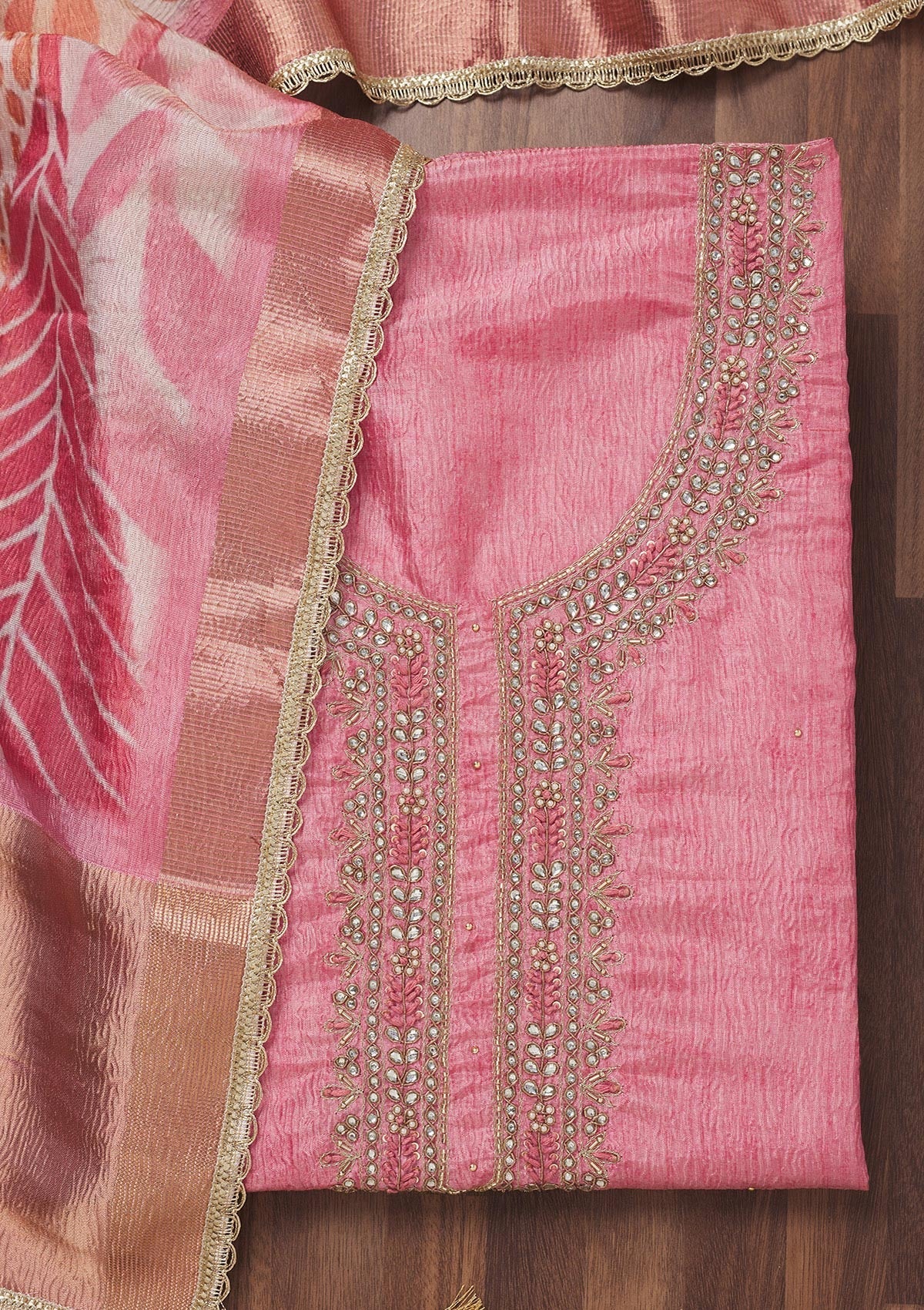 Baby Pink Zariwork Art Silk Unstitched Salwar Suit-Koskii