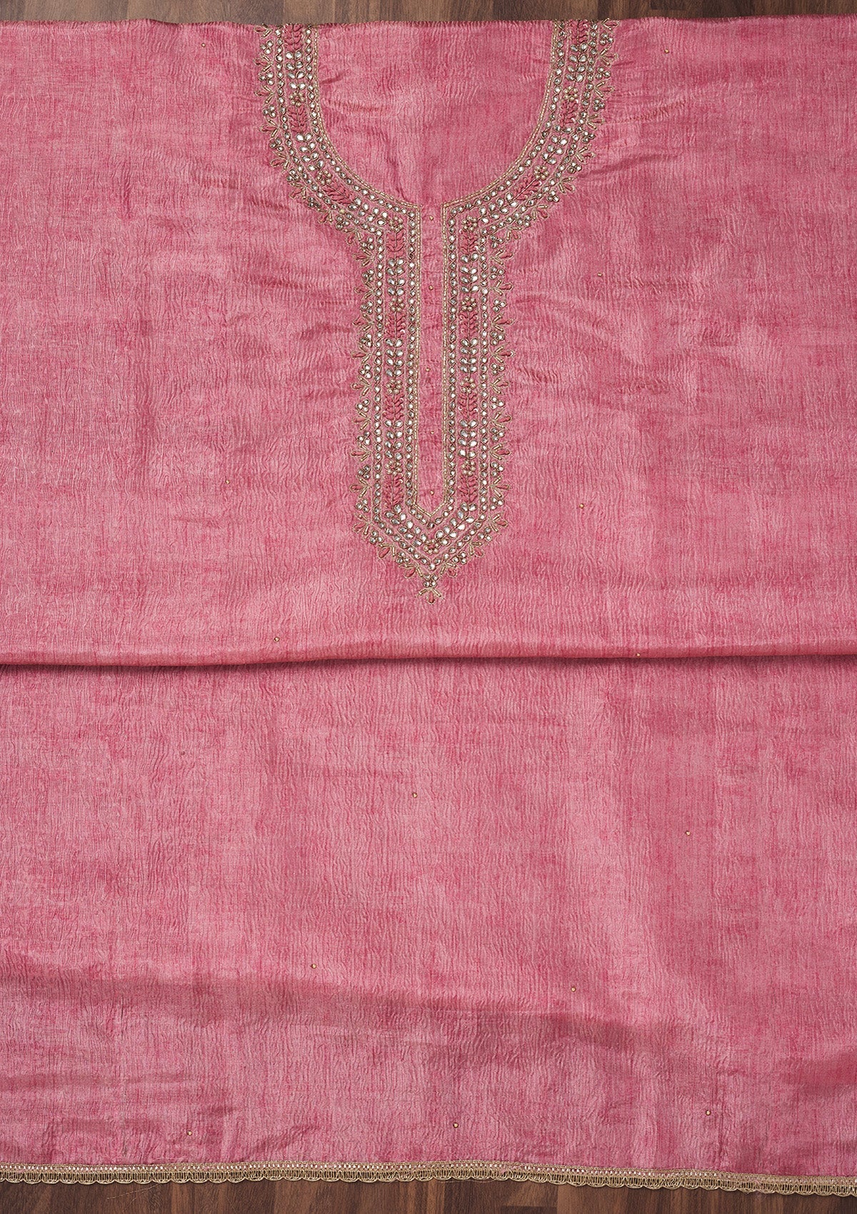 Baby Pink Zariwork Art Silk Unstitched Salwar Suit-Koskii