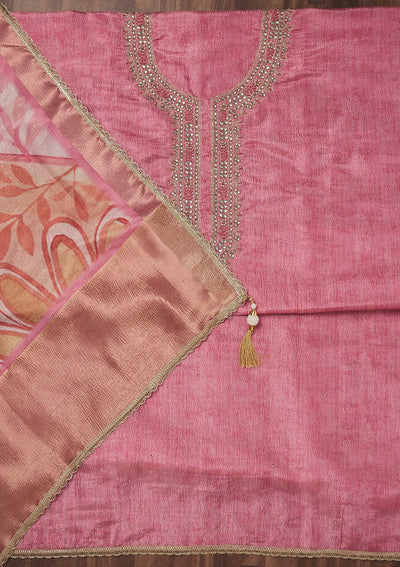 Baby Pink Zariwork Art Silk Unstitched Salwar Suit-Koskii