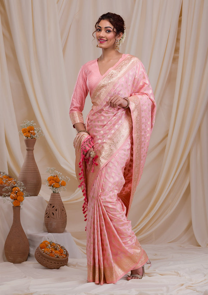 Baby Pink Zariwork Art Silk Saree-Koskii
