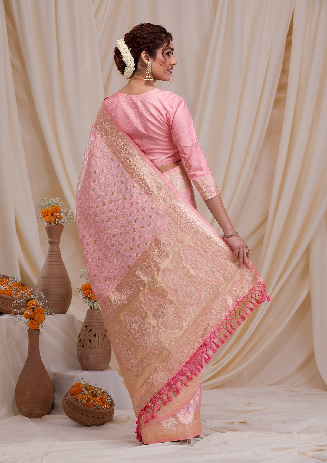 Baby Pink Zariwork Art Silk Saree-Koskii