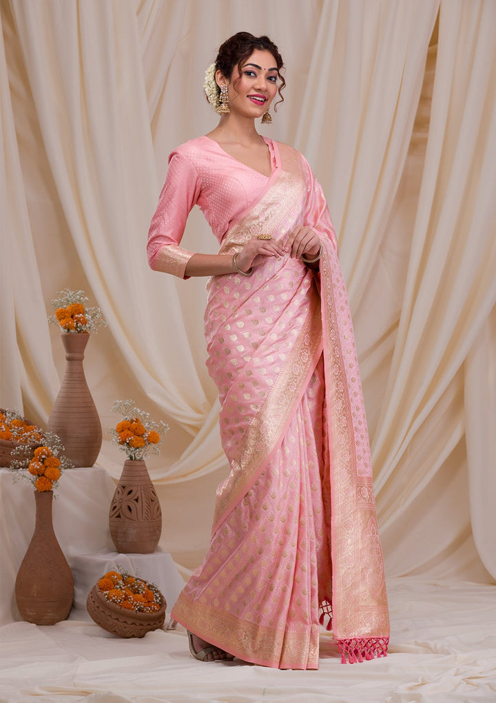 Baby Pink Zariwork Art Silk Saree-Koskii