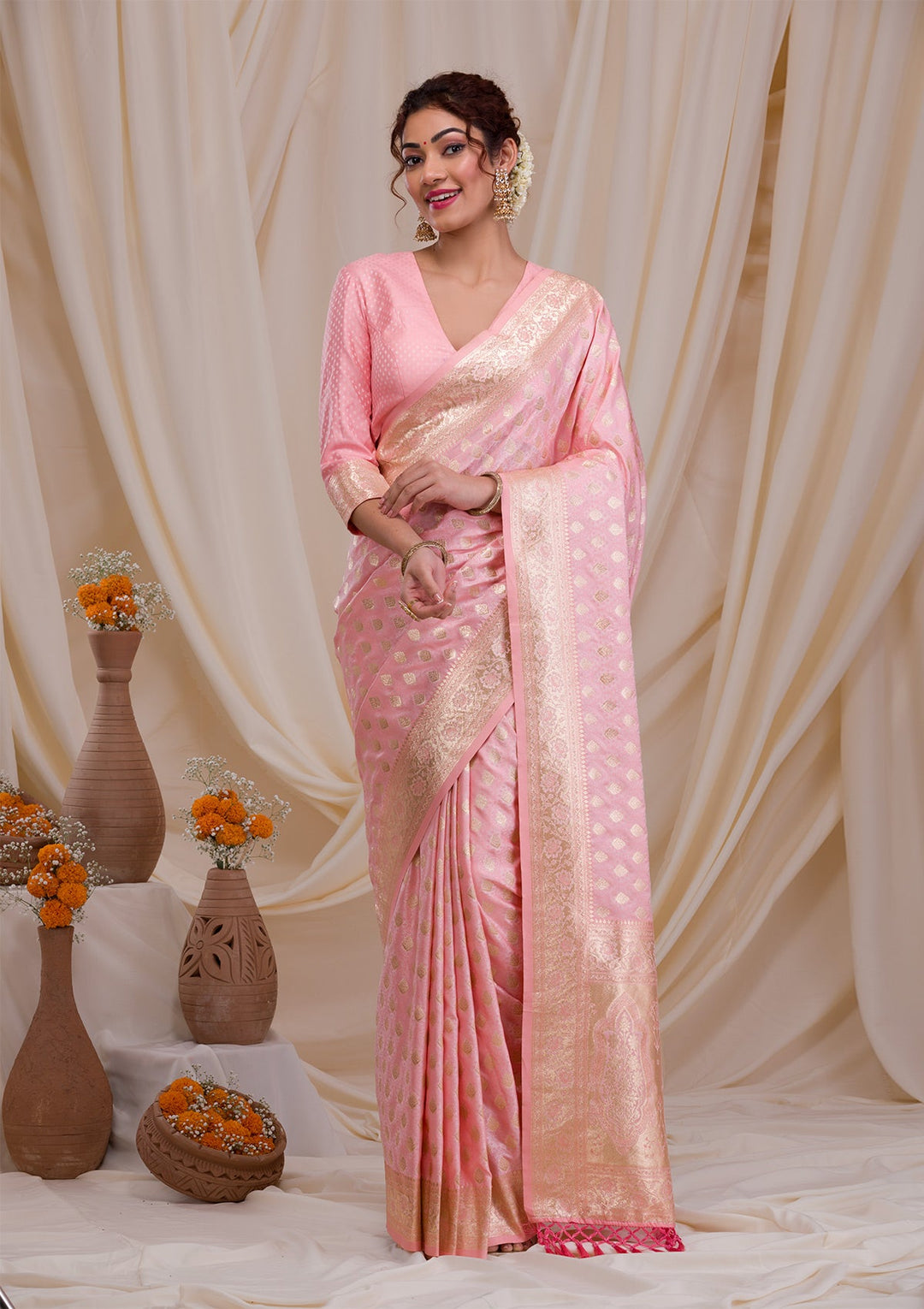 Baby Pink Zariwork Art Silk Saree-Koskii