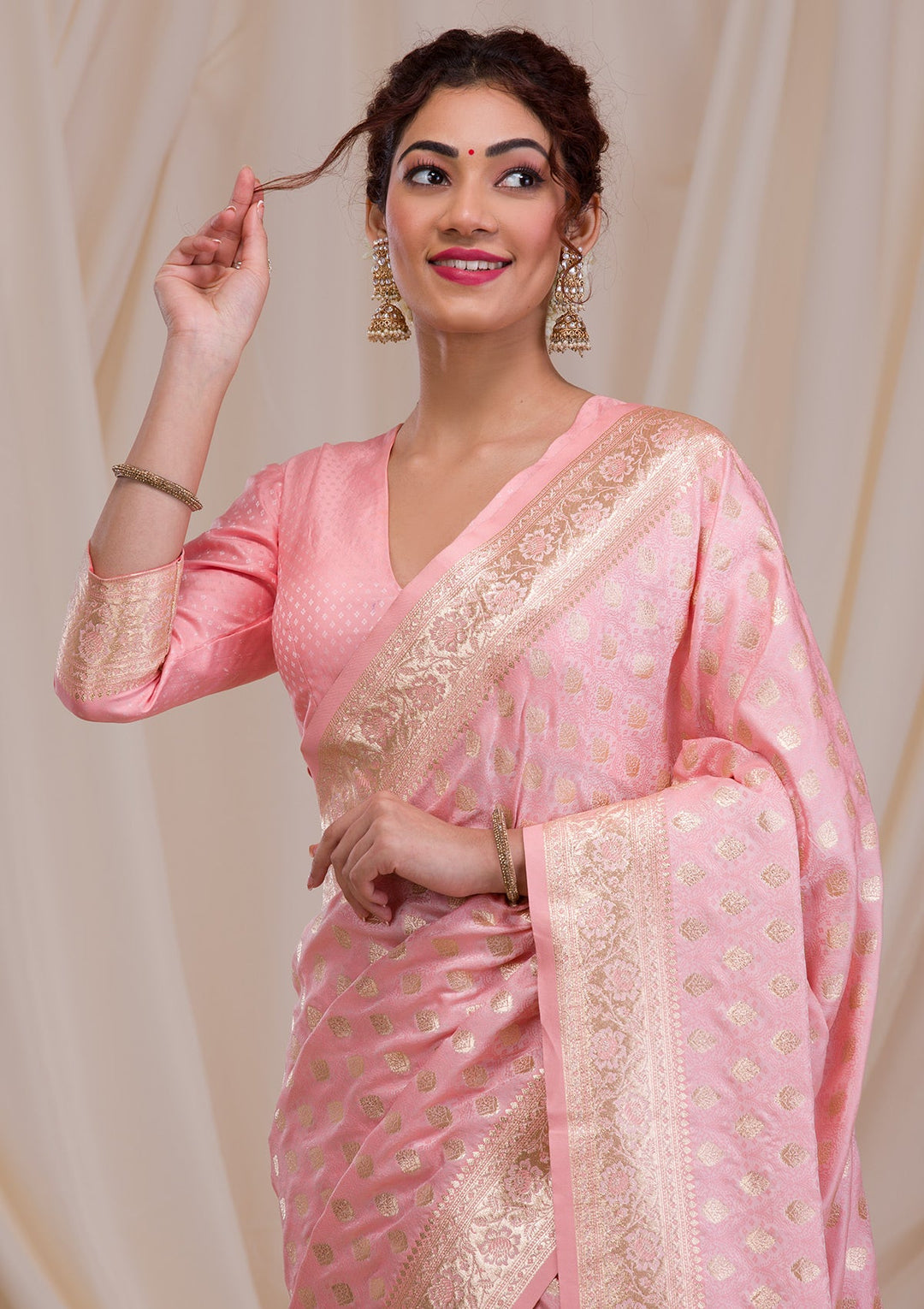 Baby Pink Zariwork Art Silk Saree-Koskii