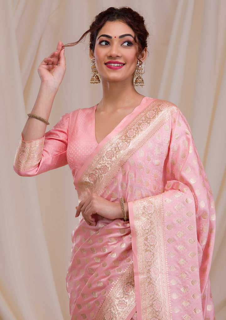 Baby Pink Zariwork Art Silk Saree-Koskii