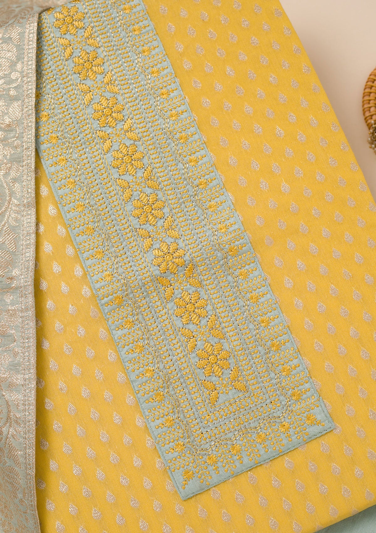 Yellow Zariwork Banarasi Unstitched Salwar Suit-Koskii