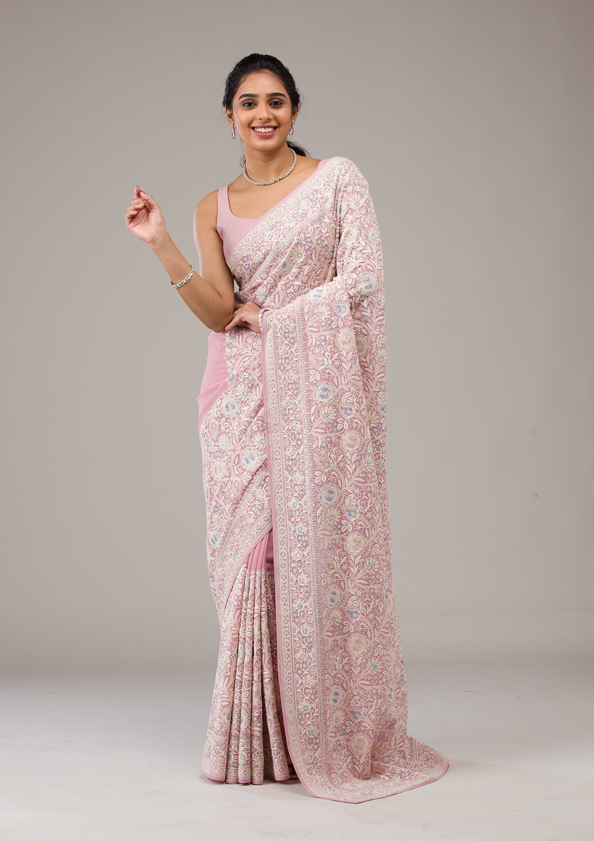 Baby Pink Zariwork Georgette Saree-Koskii