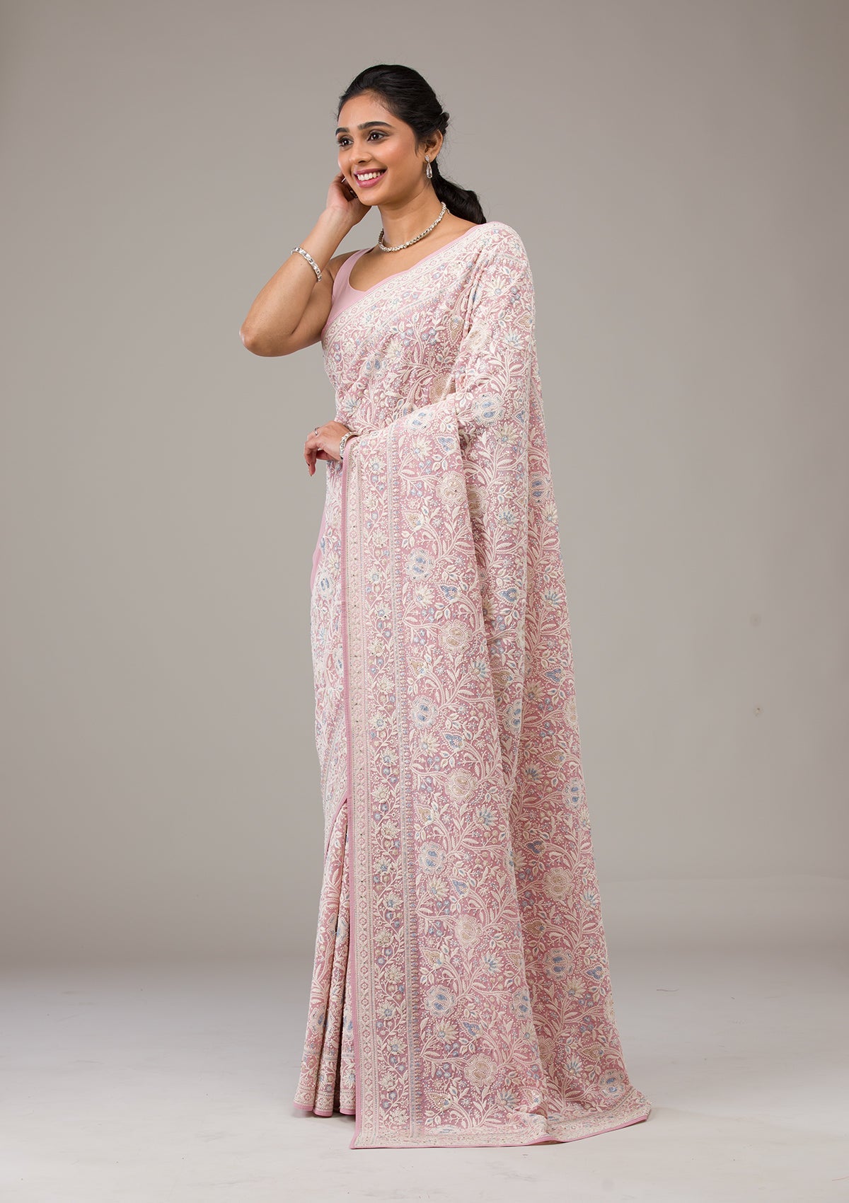 Baby Pink Zariwork Georgette Saree-Koskii