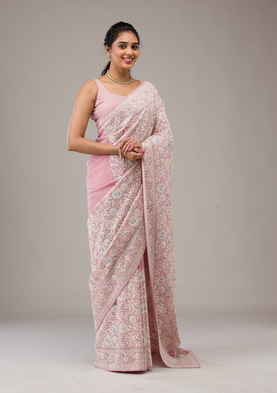 Baby Pink Zariwork Georgette Saree-Koskii