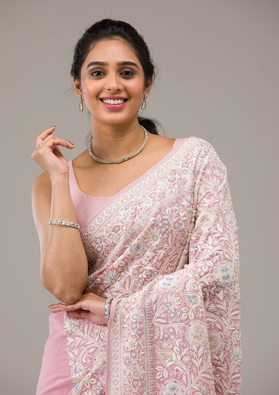 Baby Pink Zariwork Georgette Saree-Koskii