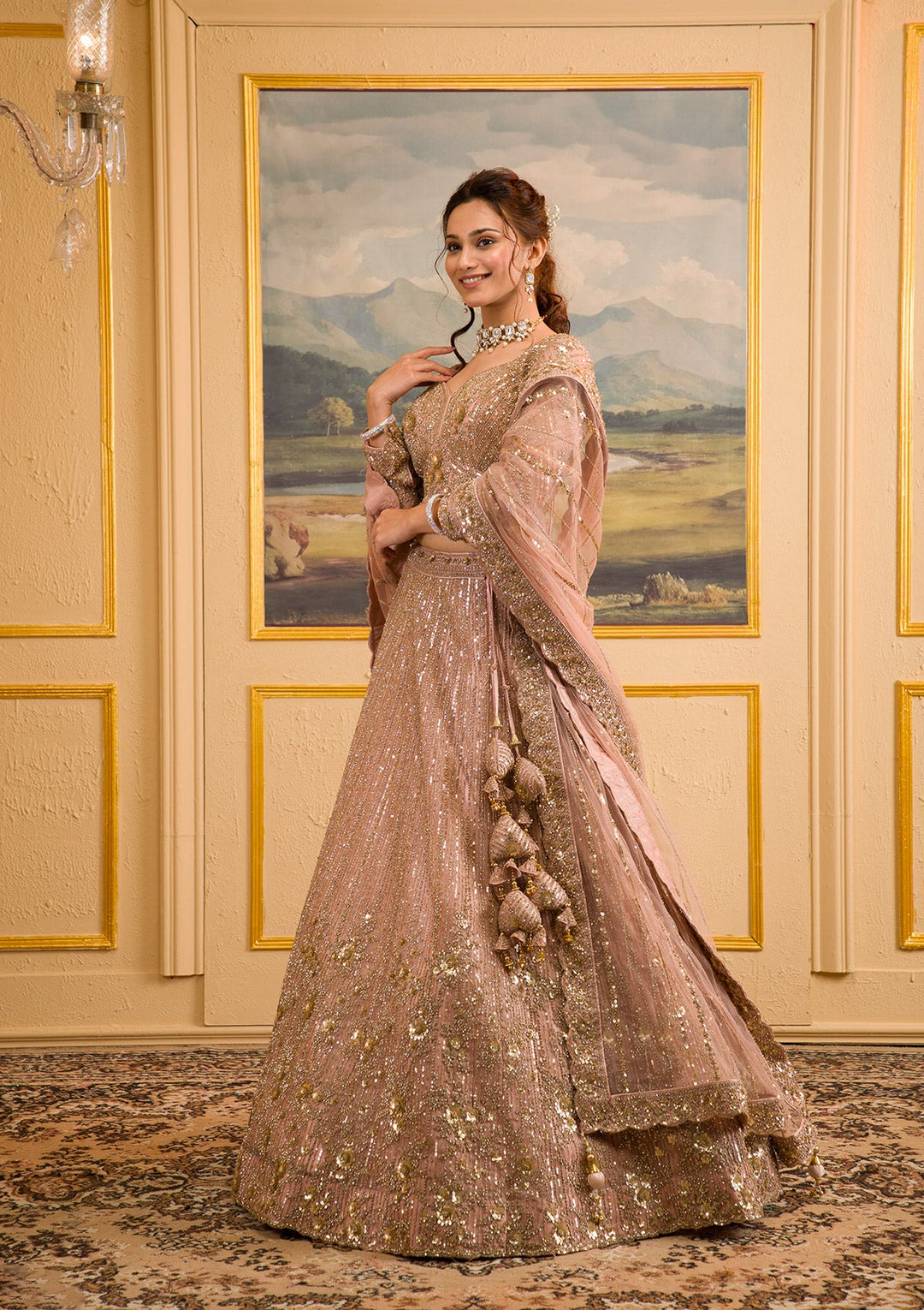 Baby Pink Zariwork Net Readymade Lehenga-Koskii