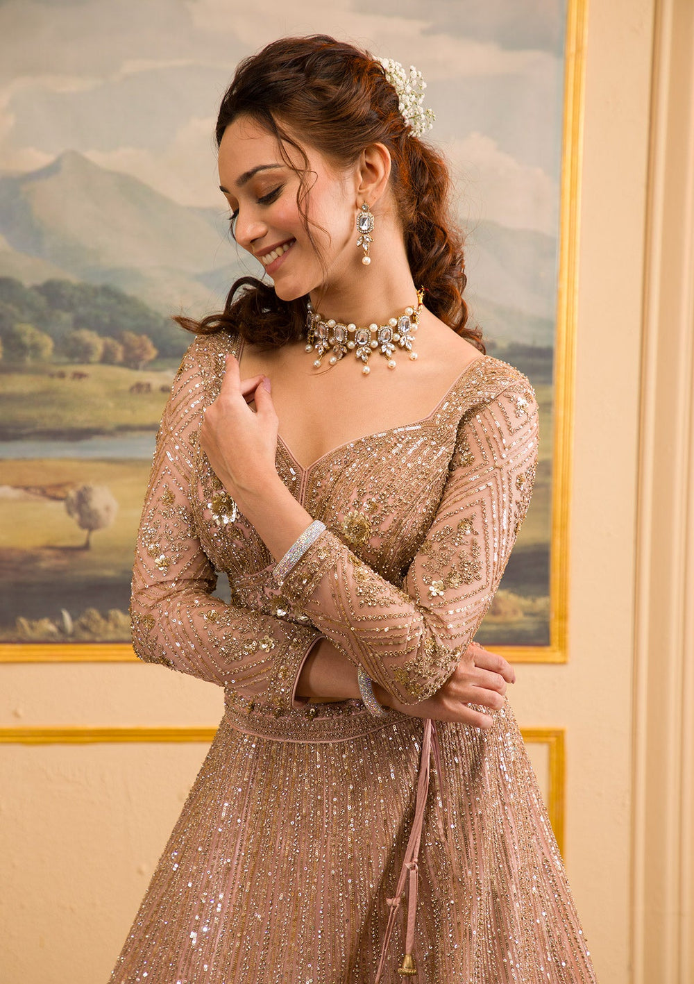 Baby Pink Zariwork Net Readymade Lehenga-Koskii