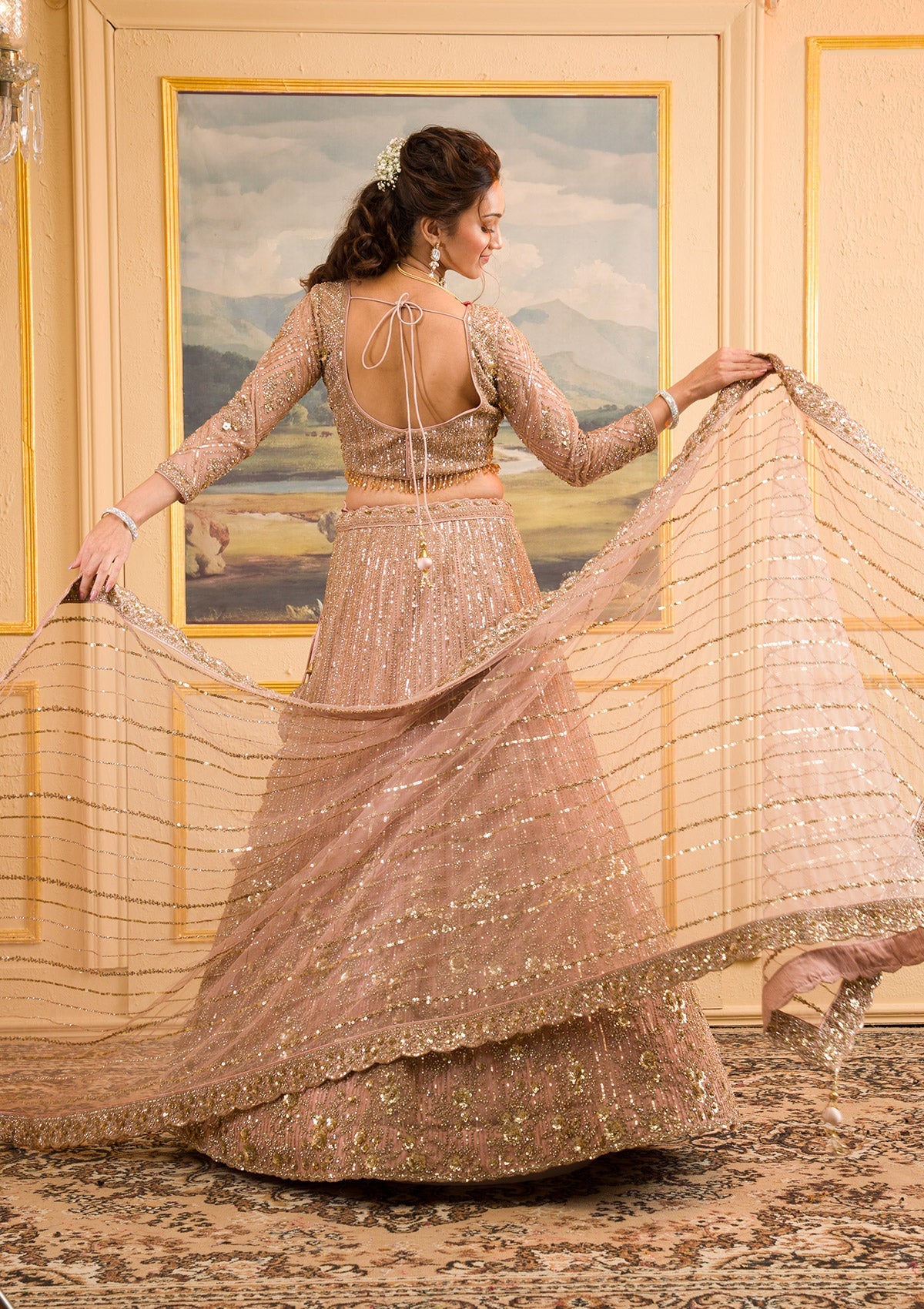 Baby Pink Zariwork Net Readymade Lehenga-Koskii