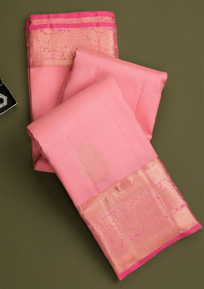 Baby Pink Gold and Silver Zariwork Pure Silk Saree - Koskii