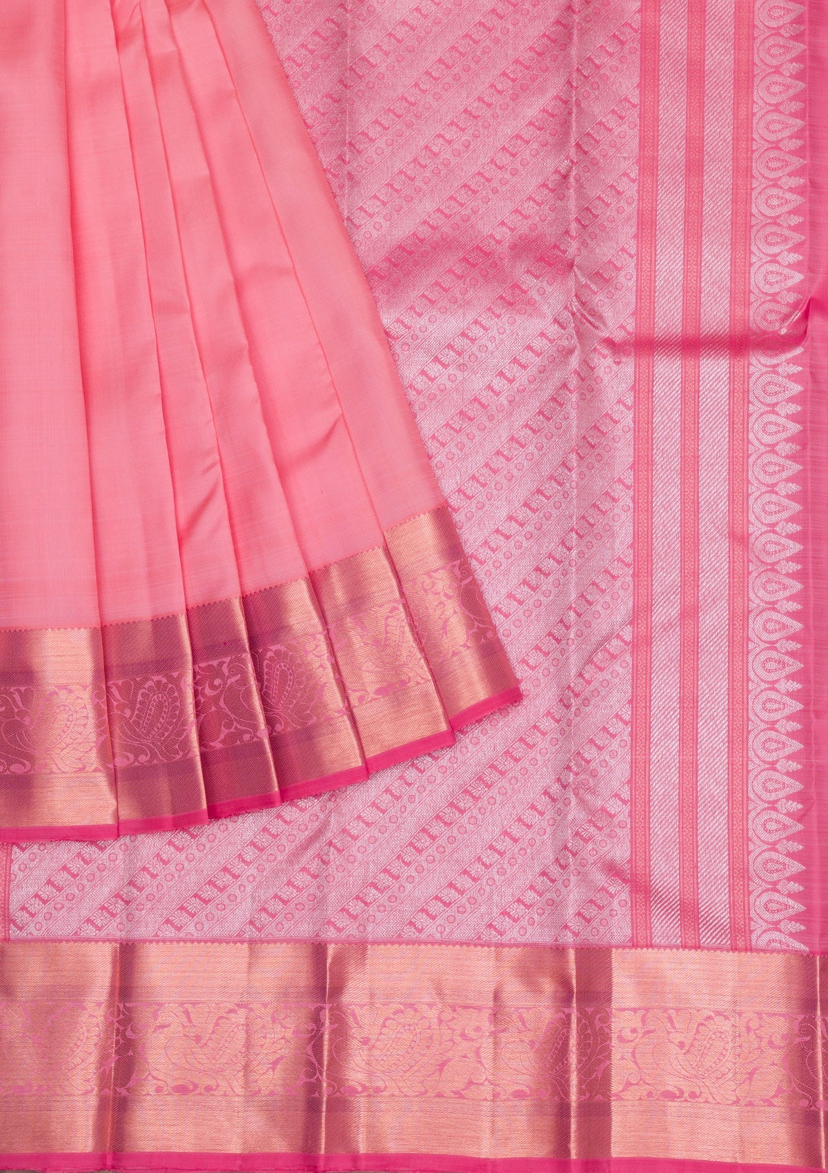 Baby Pink Gold and Silver Zariwork Pure Silk Saree - Koskii