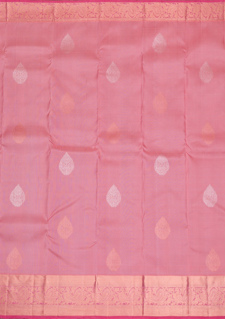 Baby Pink Gold and Silver Zariwork Pure Silk Saree - Koskii