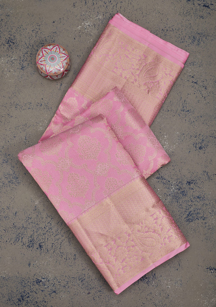 Baby Pink Zariwork Pure Silk Saree-Koskii
