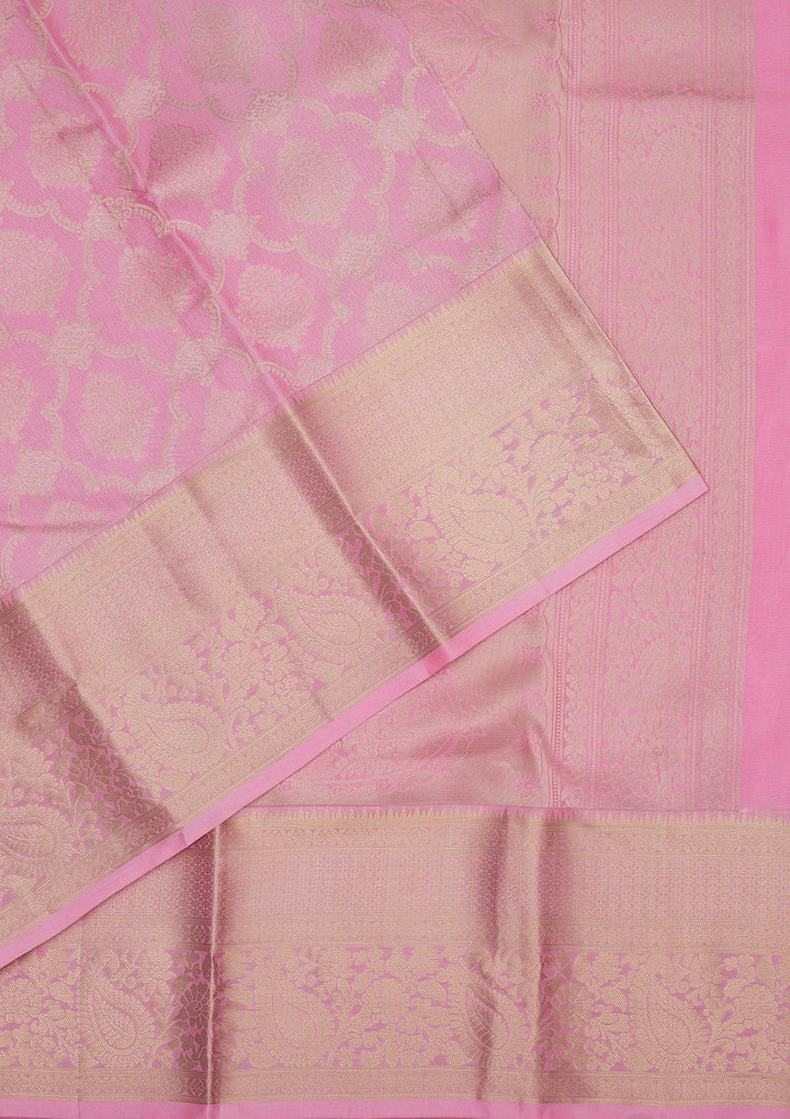 Baby Pink Zariwork Pure Silk Saree-Koskii