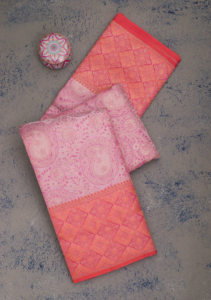 Baby Pink Zariwork Pure Silk Saree-Koskii
