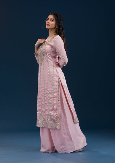 Baby Pink Zariwork Semi Crepe Readymade Salwar Suit-Koskii