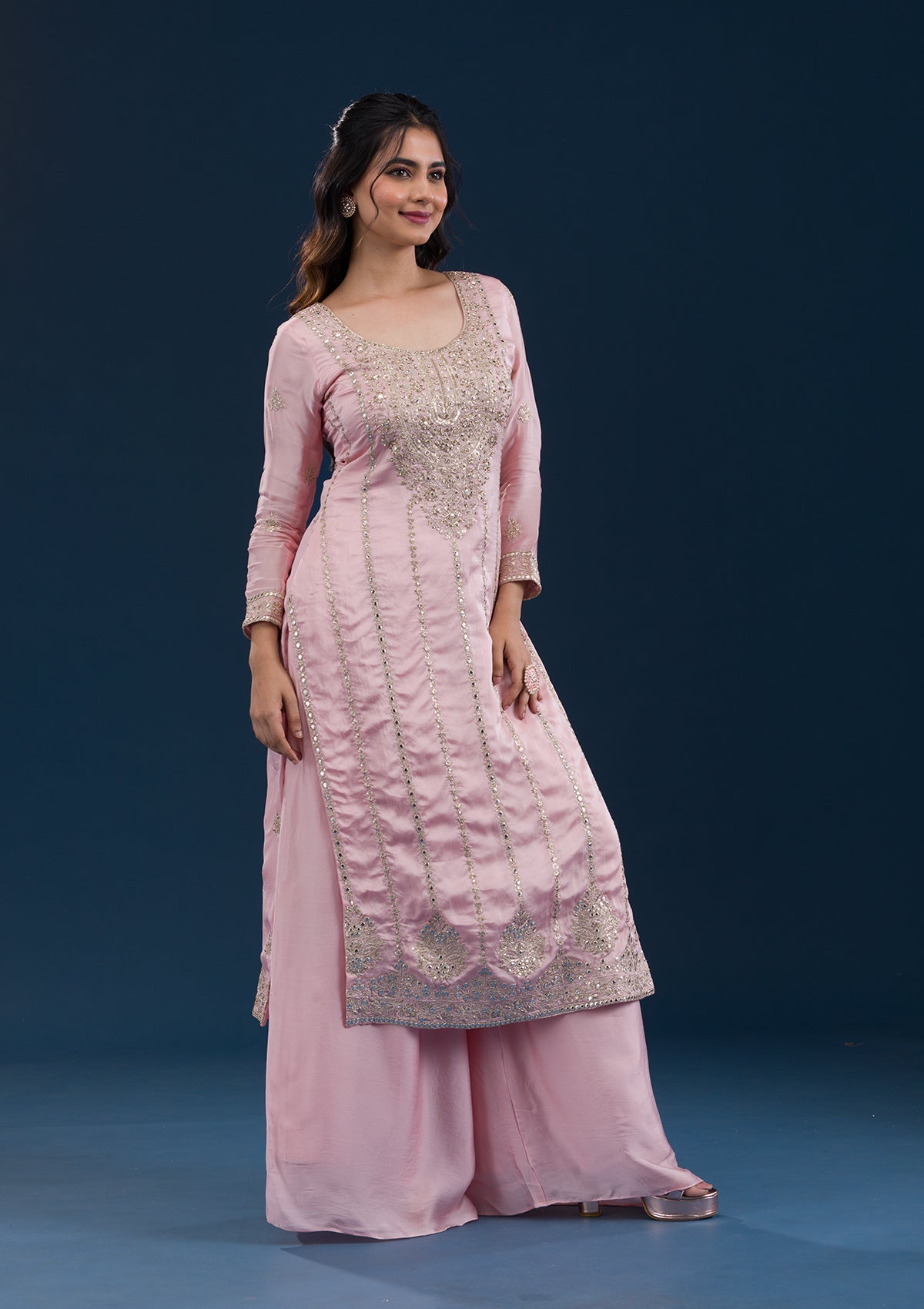 Baby Pink Zariwork Semi Crepe Readymade Salwar Suit-Koskii