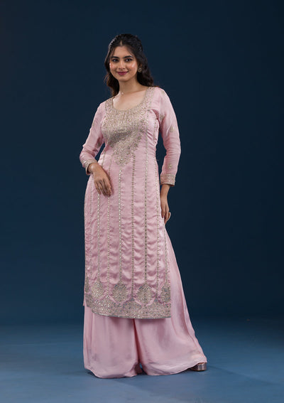 Baby Pink Zariwork Semi Crepe Readymade Salwar Suit-Koskii