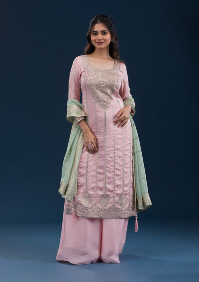 Baby Pink Zariwork Semi Crepe Readymade Salwar Suit-Koskii