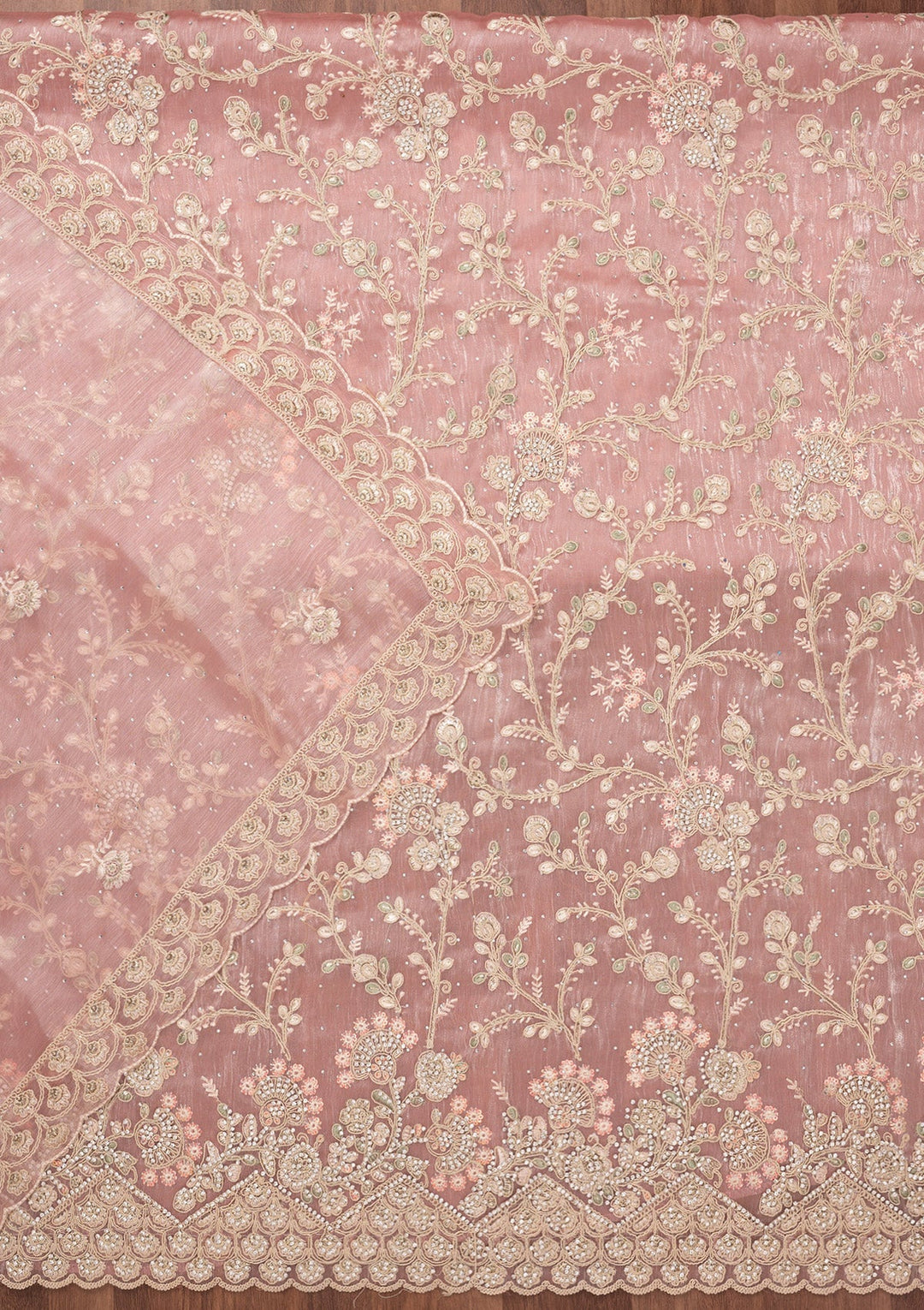 Baby Pink Zariwork Semi Crepe Unstitched Salwar Suit-Koskii