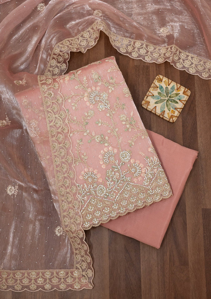 Baby Pink Zariwork Semi Crepe Unstitched Salwar Suit-Koskii