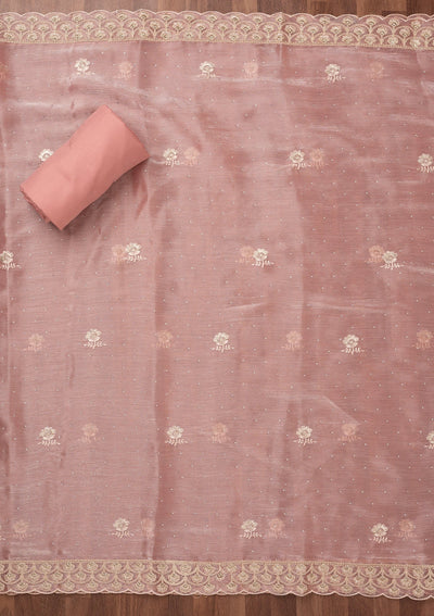 Baby Pink Zariwork Semi Crepe Unstitched Salwar Suit-Koskii