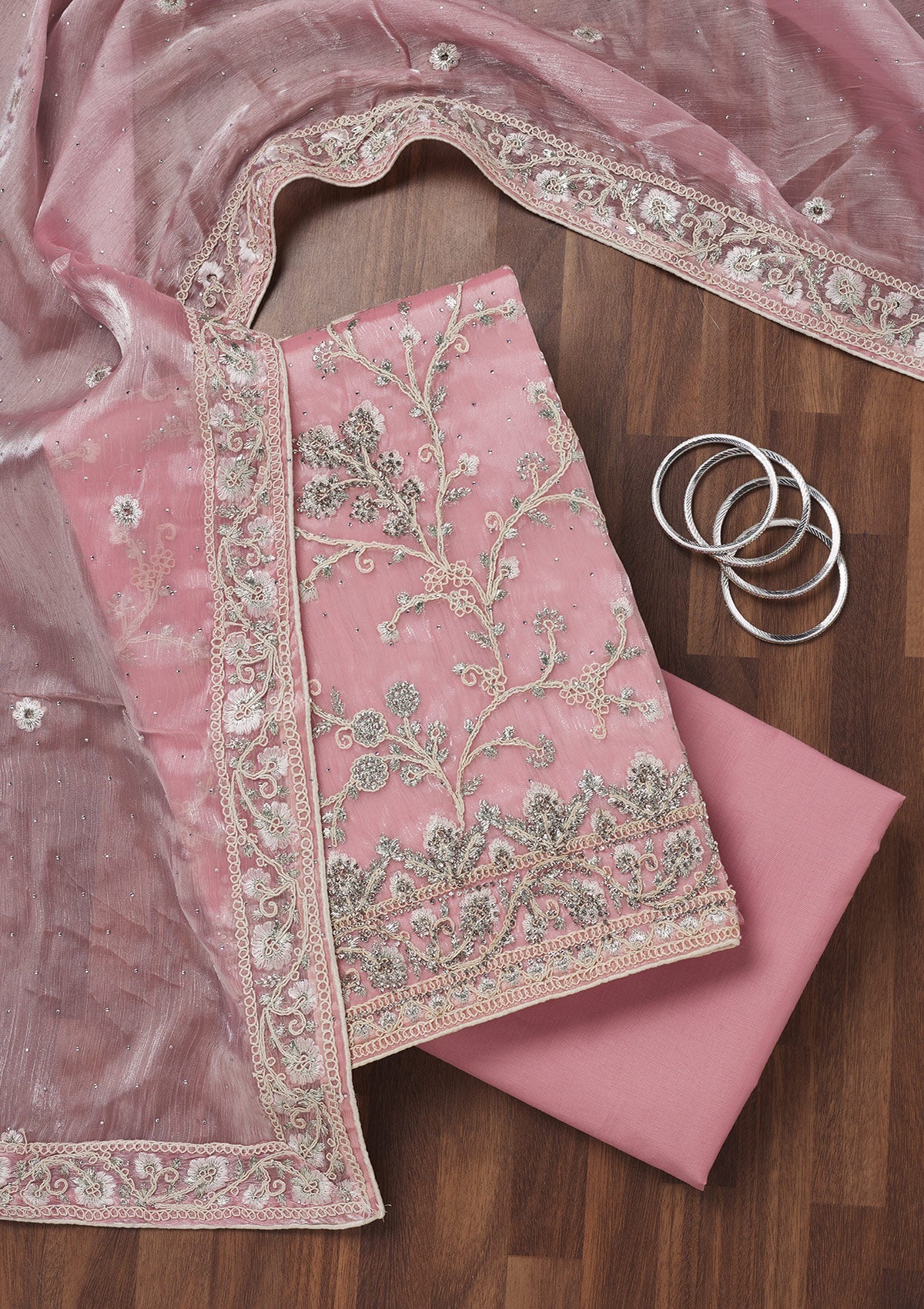 Baby Pink Zariwork Semi Crepe Unstitched Salwar Suit-Koskii