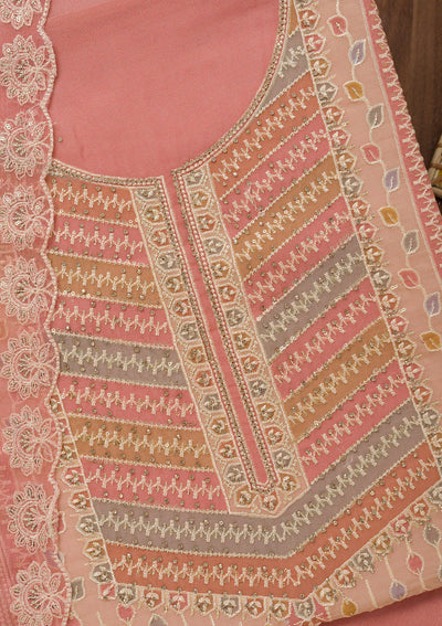 Baby Pink Zariwork Semi Crepe Unstitched Salwar Suit-Koskii