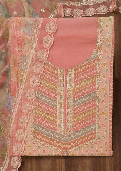 Baby Pink Zariwork Semi Crepe Unstitched Salwar Suit-Koskii