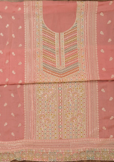 Baby Pink Zariwork Semi Crepe Unstitched Salwar Suit-Koskii