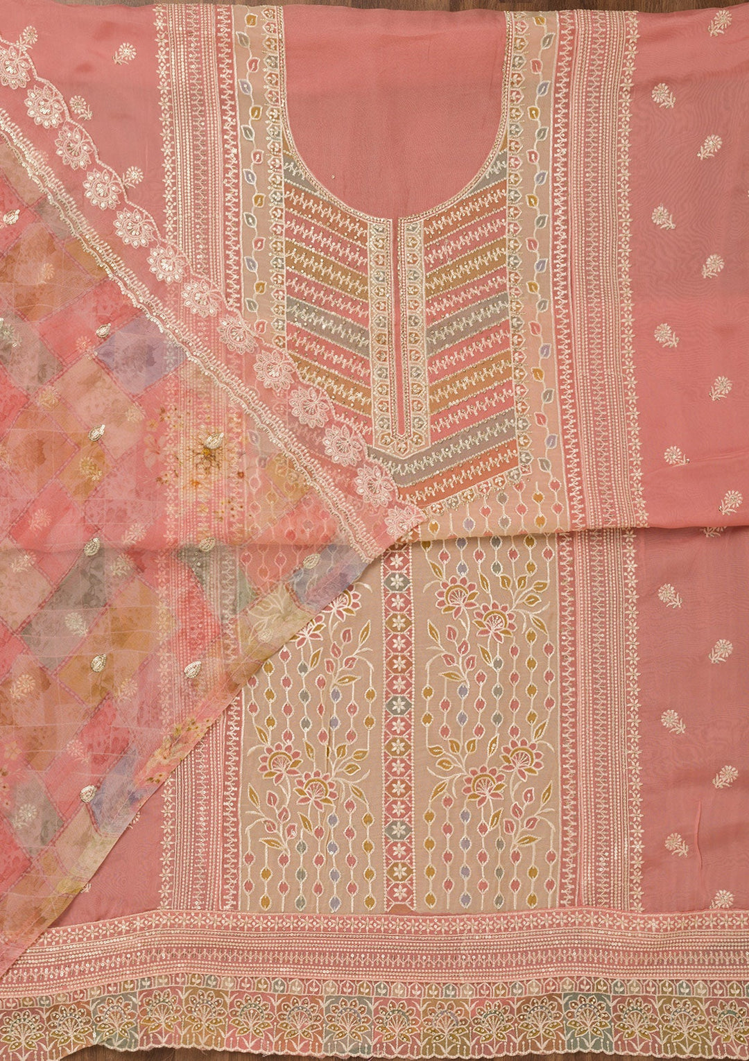 Baby Pink Zariwork Semi Crepe Unstitched Salwar Suit-Koskii