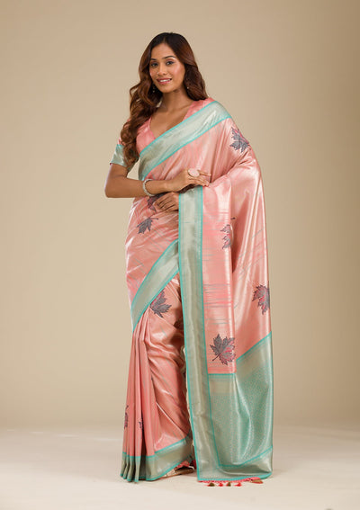 Baby Pink Zariwork Soft Silk Saree-Koskii