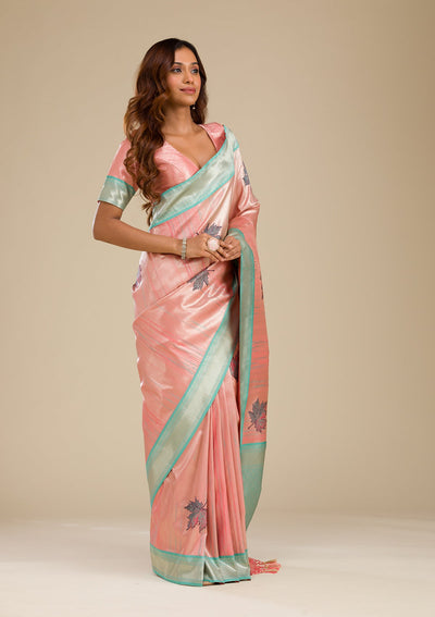 Baby Pink Zariwork Soft Silk Saree-Koskii