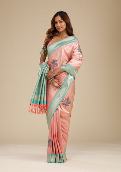 Baby Pink Zariwork Soft Silk Saree-Koskii