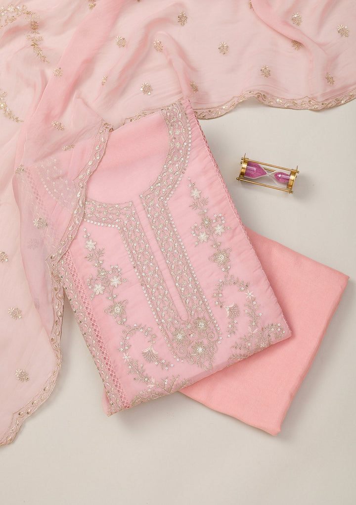 Baby Pink Zariwork Tissue Unstitched Salwar Suit-Koskii