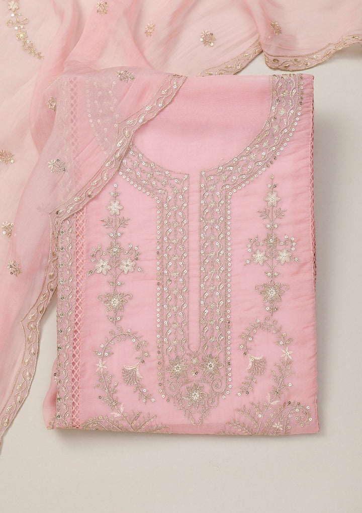 Baby Pink Zariwork Tissue Unstitched Salwar Suit-Koskii