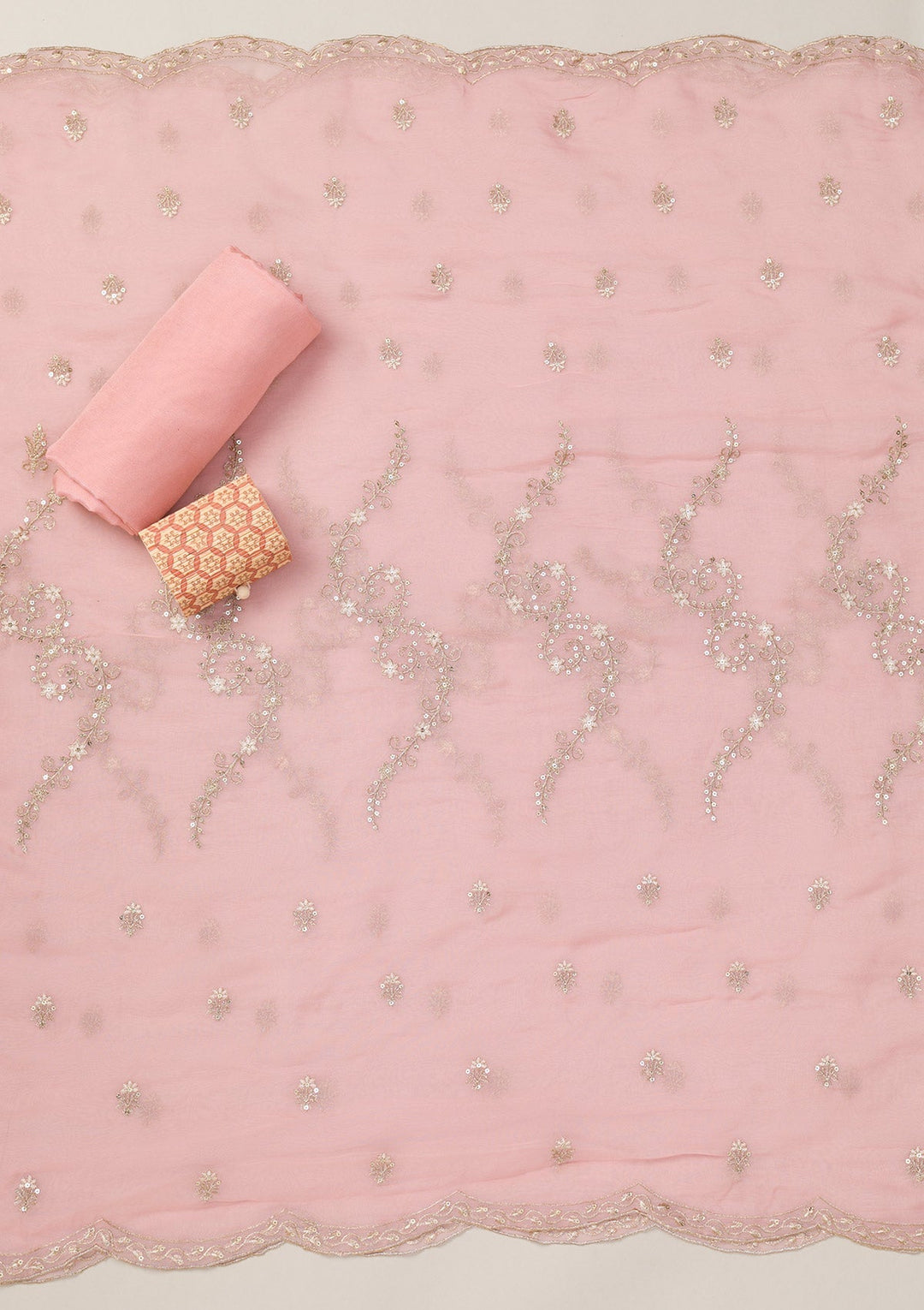 Baby Pink Zariwork Tissue Unstitched Salwar Suit-Koskii
