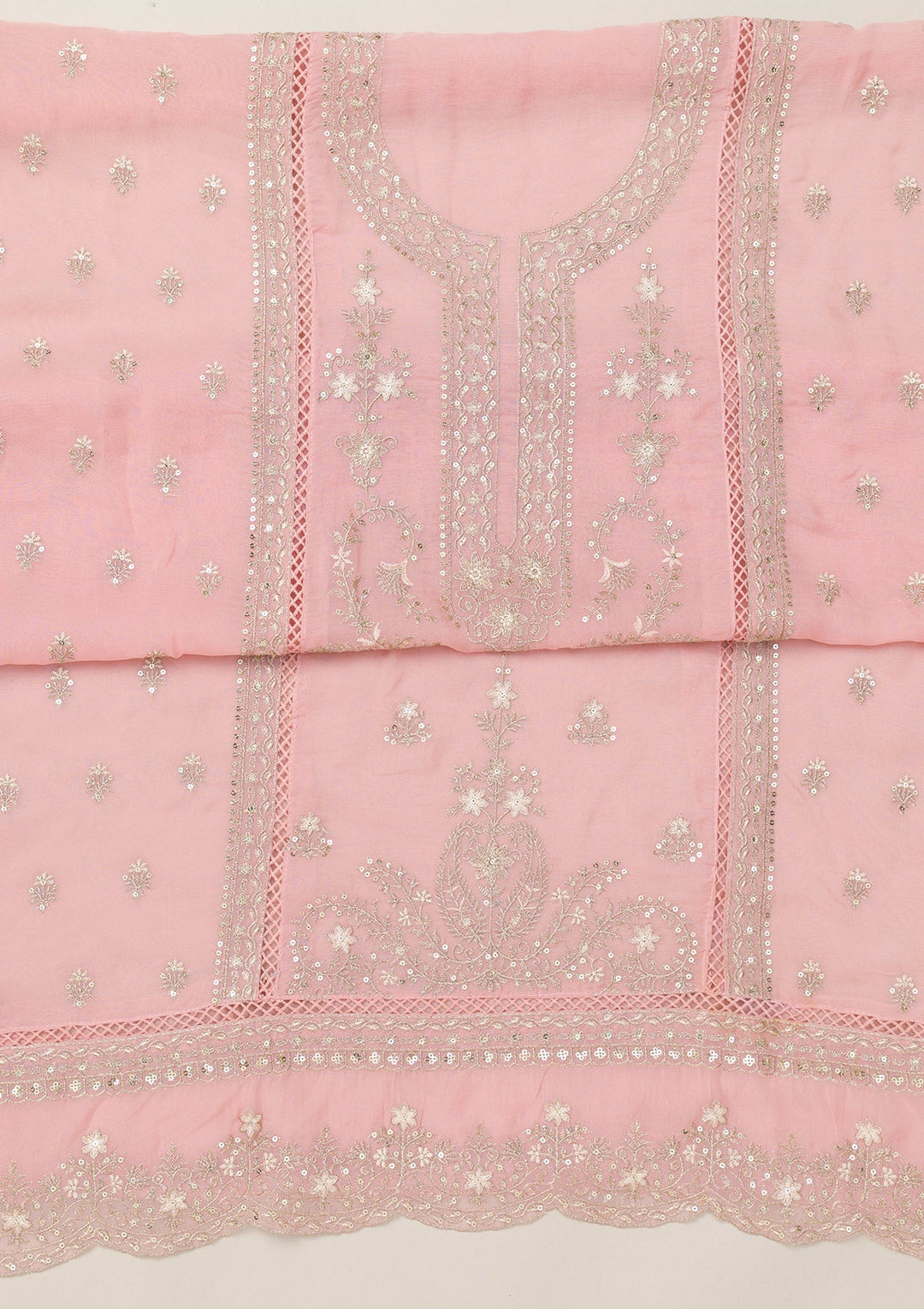 Baby Pink Zariwork Tissue Unstitched Salwar Suit-Koskii