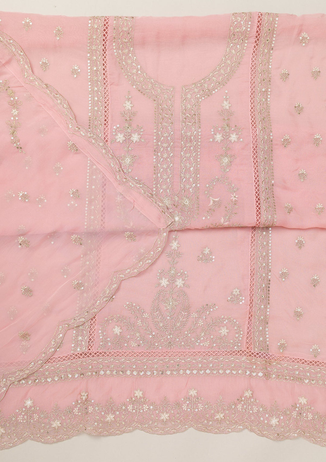 Baby Pink Zariwork Tissue Unstitched Salwar Suit-Koskii