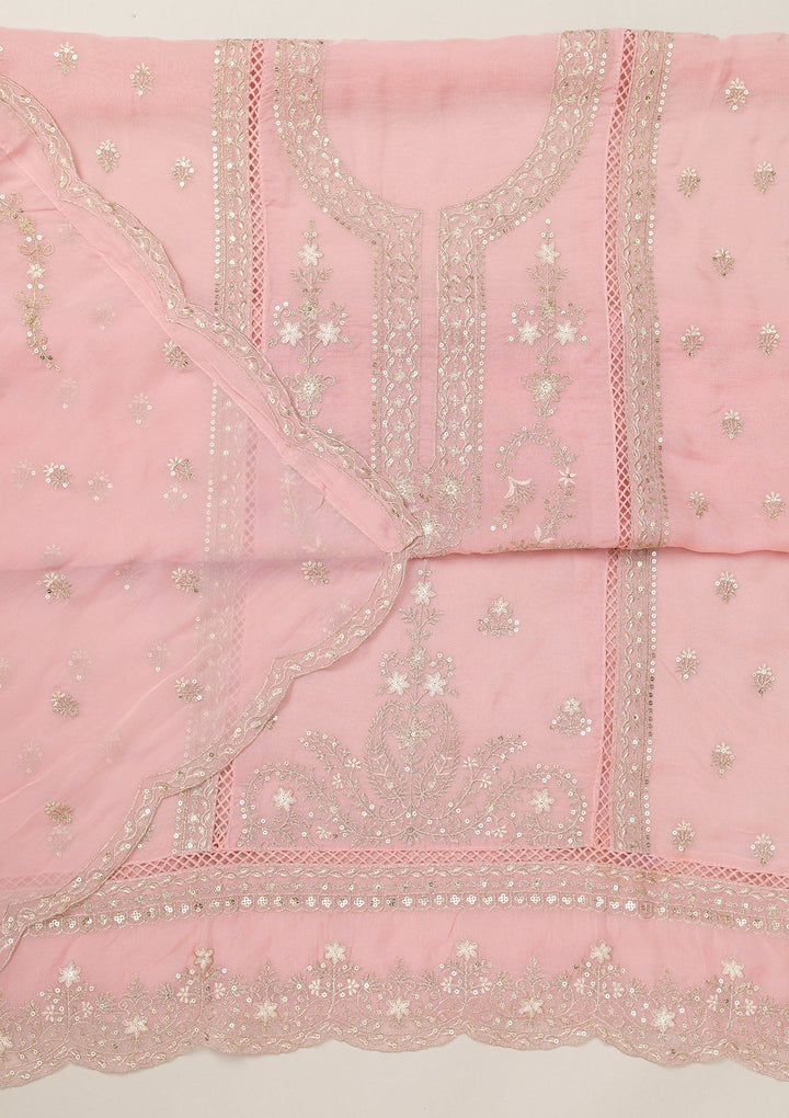Baby Pink Zariwork Tissue Unstitched Salwar Suit-Koskii