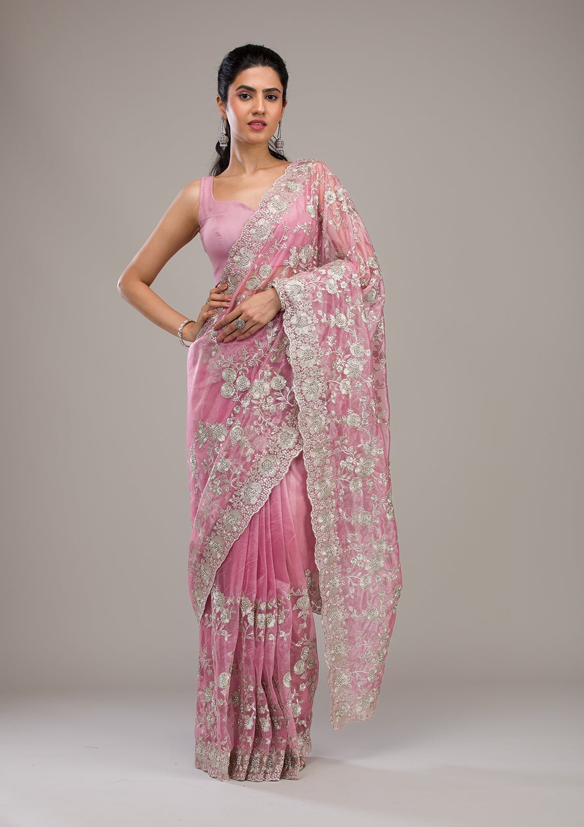 Baby Pink Zariwork Tissue Saree-Koskii