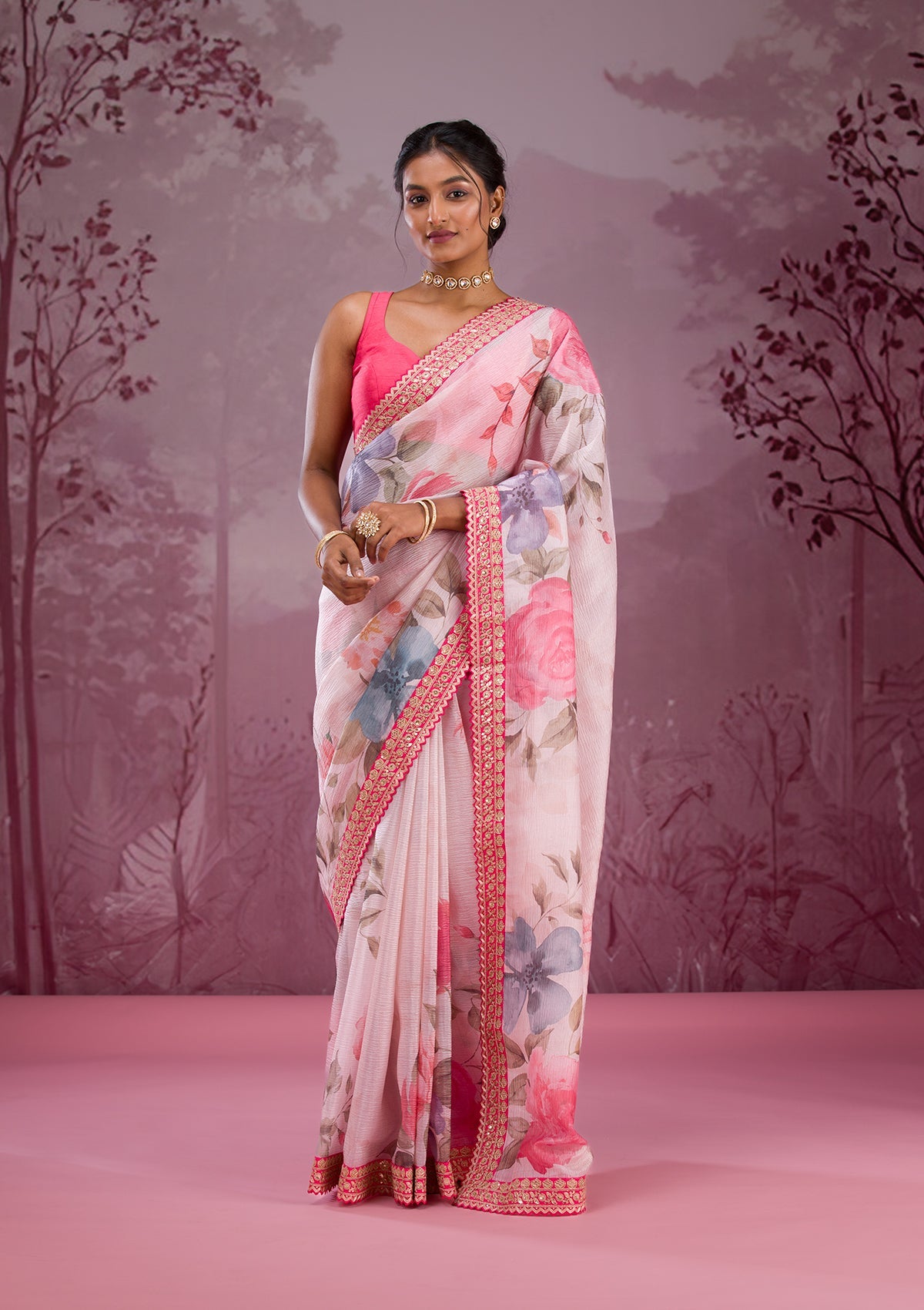 Cream Printed Georgette Saree-Koskii