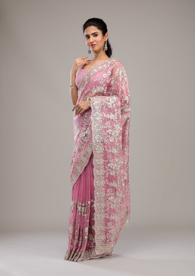 Baby Pink Zariwork Tissue Saree-Koskii