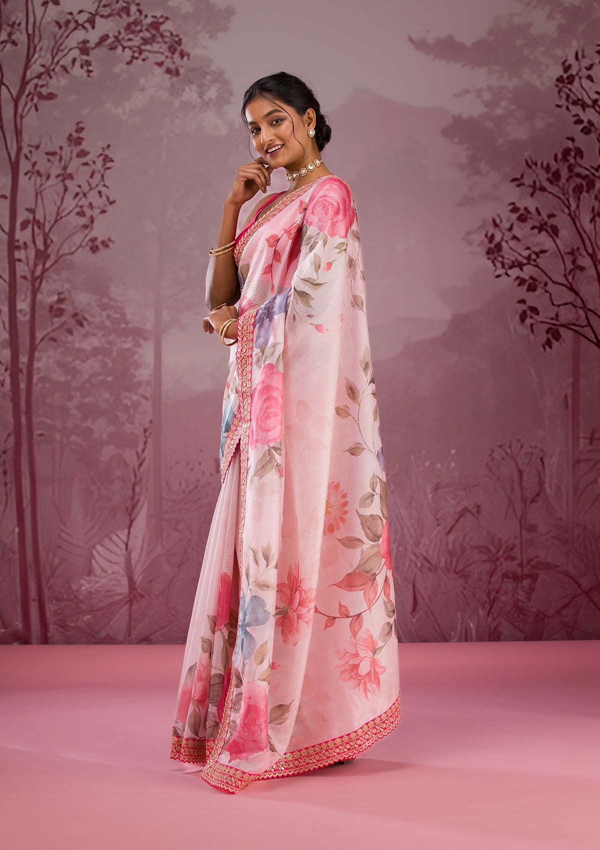 Cream Printed Georgette Saree-Koskii